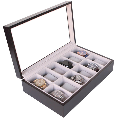 Solid Espresso 12 Slot Wood Watch Box