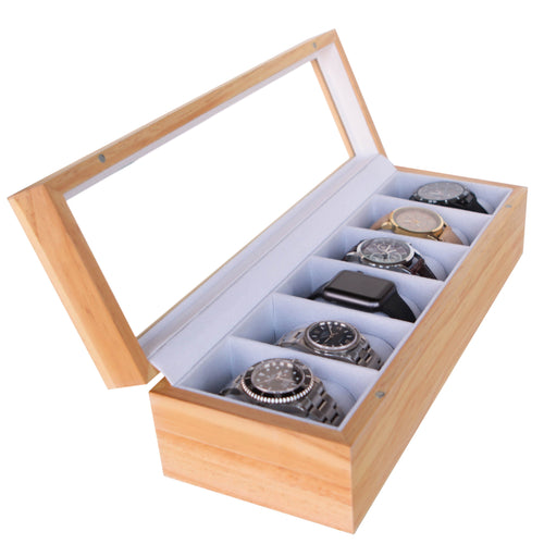 Solid Light Wood Watch Box Organizer with Glass Display Top