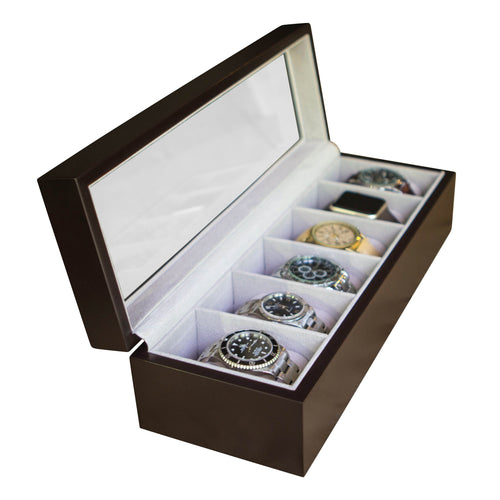 Solid Espresso Wood Watch Box - 6 Slot